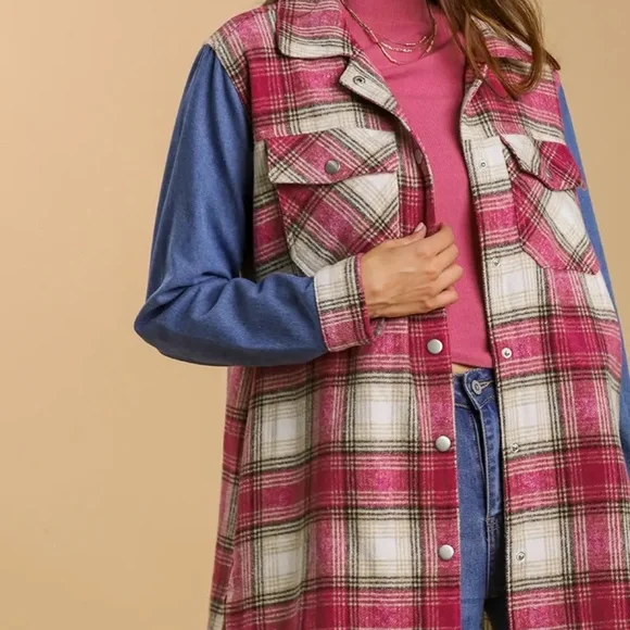 New UMGEE Plaid Flannel Fringe Shacket Magenta Pink Snap Up Denim Sleeves - Picture 4 of 13